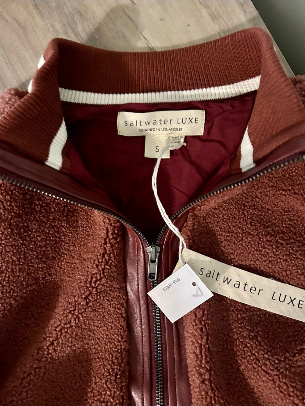 Saltwater Luxe Teddy Sherpa Varsity Bomber Jacket Brown Rust Stripe Trim NWT S - Picture 3 of 5